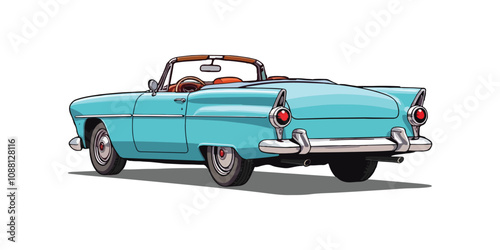 handdraw Back side view Classic Convertible blue car Cruising Along the Road