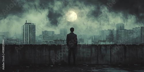 Man on Rooftop, Apocalyptic Cityscape, Full Moon