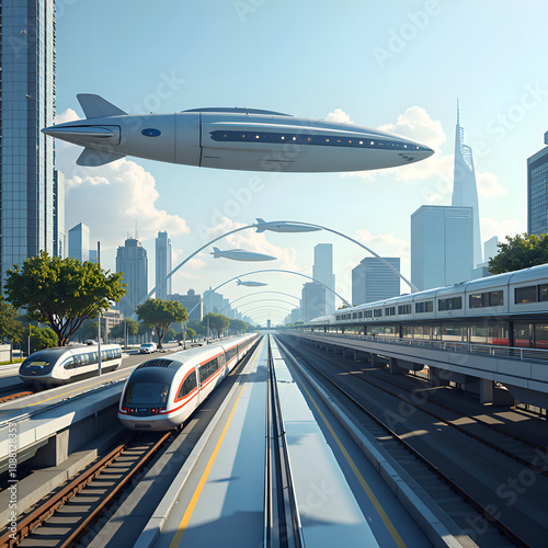 A vision of tomorrow  sleek hyperloop trains and aerial transport in a modern cityscape, digital art of futuristic transport concept. photo