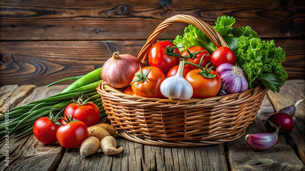 Basket of fresh Spring vegetables including onions, tomatoes, and garlic, spring, vegetables, basket, fresh, onions Basket of fresh Spring vegetables including onions, tomatoes, and garlic, spring, vegetables, basket, fresh, onions