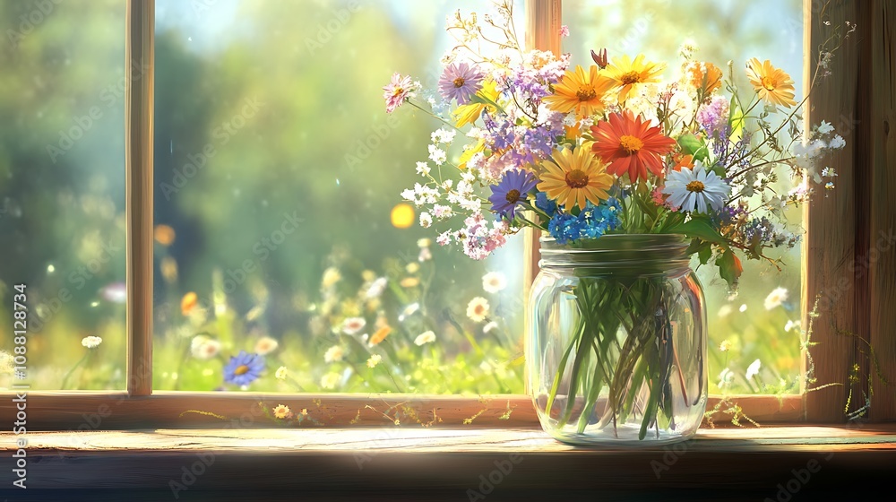 Vibrant wildflowers in a glass jar on a sunlit windowsill.
