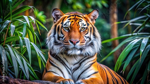 Tiger with vibrant orange, black and white fur in a jungle setting , wildlife, fierce, predator, stripes, exotic, fierce