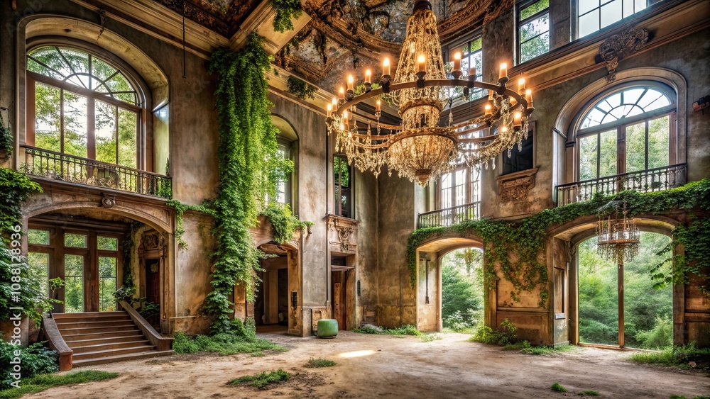 Elegant abandoned mansion, overgrown with ivy and chandeliers gathering dust , forgotten, elegance, abandoned, mansion Elegant abandoned mansion, overgrown with ivy and chandeliers gathering dust , forgotten, elegance, abandoned, mansion