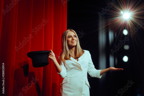 Lady Magician Holding a Top Hat Ready to Start her Show. Entertainer in white blazer dress standing on a theater stage 