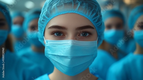 Close-up portrait of a young female doctor in a surgical mask and cap, surrounded by her colleagues.