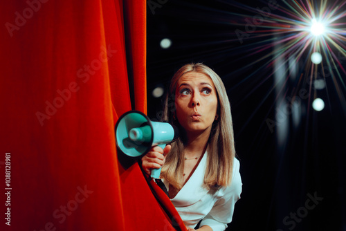 Canvas Print Presenter Holding a Bullhorn Speaker Hiding Behind Curtain