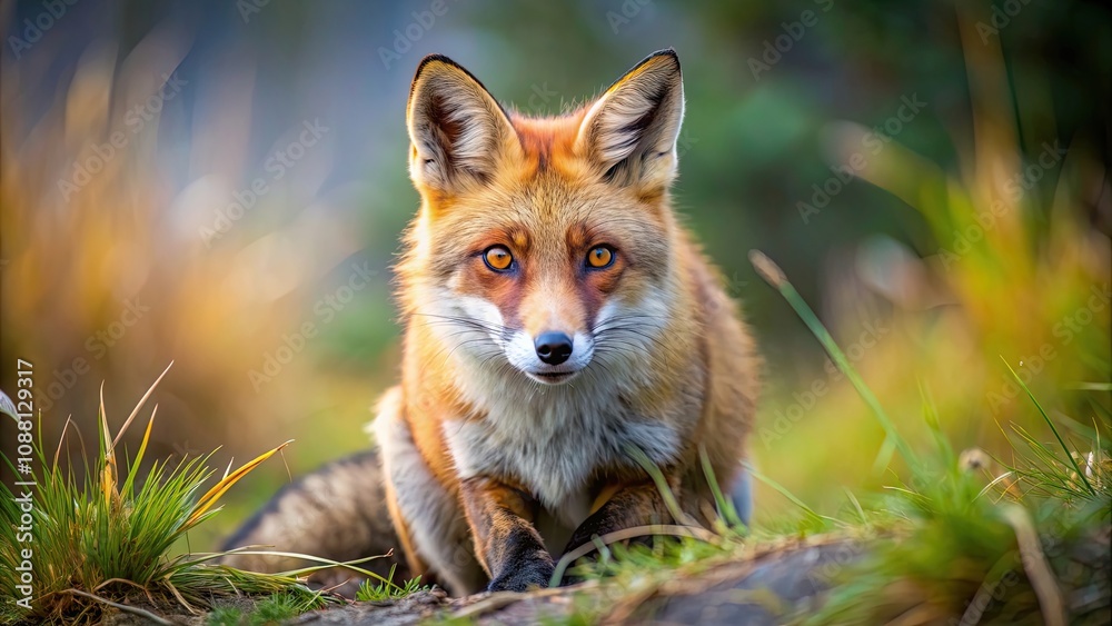 Red fox crouching low in the wilderness, eyes focused and ready to pounce, wildlife, predator, hunting, fur Red fox crouching low in the wilderness, eyes focused and ready to pounce, wildlife, predator, hunting, fur