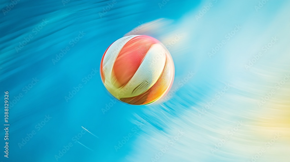 100.A volleyball in mid-flight, captured against a bright blue sky. The vibrant colors and textures of the ball are sharply defined, while the background is a blur of motion, suggesting the energy 100.A volleyball in mid-flight, captured against a bright blue sky. The vibrant colors and textures of the ball are sharply defined, while the background is a blur of motion, suggesting the energy