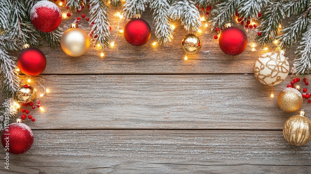 Festive Christmas Background with Snowy Evergreen Branches, Ornaments, and Twinkling Lights on Rustic Wooden Surface for Holiday Celebrations and Seasonal Decor Festive Christmas Background with Snowy Evergreen Branches, Ornaments, and Twinkling Lights on Rustic Wooden Surface for Holiday Celebrations and Seasonal Decor