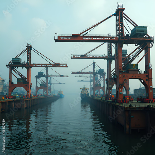 Port view with cranes and ships under a hazy sky  a serene industrial scene capturing maritime logistics, photography of industry concept. photo