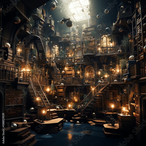 Enchanting, multi-level library with floating orbs, stairs, and glowing lights.