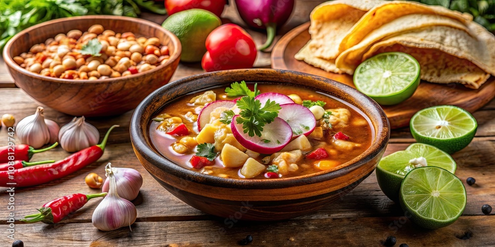 Rich and aromatic pozole soup with traditional Mexican ingredients , pozole, Mexican cuisine, soup, comfort food, traditional Rich and aromatic pozole soup with traditional Mexican ingredients , pozole, Mexican cuisine, soup, comfort food, traditional