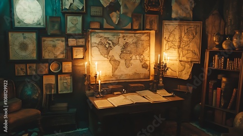 Wallpaper Mural Mysterious antique study with world map, candles, and vintage artifacts. Torontodigital.ca