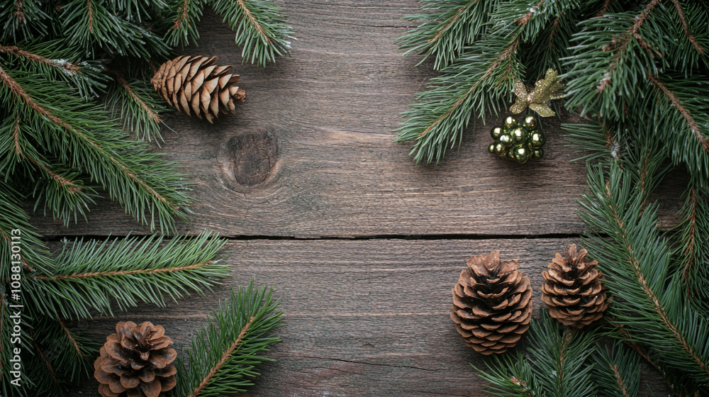 Elegant rustic mockup with pinecones and fir branches on wooden background during winter season Elegant rustic mockup with pinecones and fir branches on wooden background during winter season