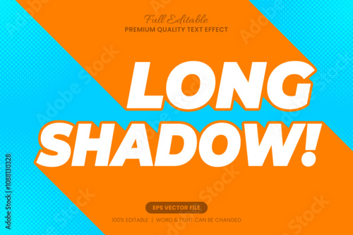 Long Shadow editable text effect, font graphic style on a bright orange and blue background, ideal for modern and vibrant design projects