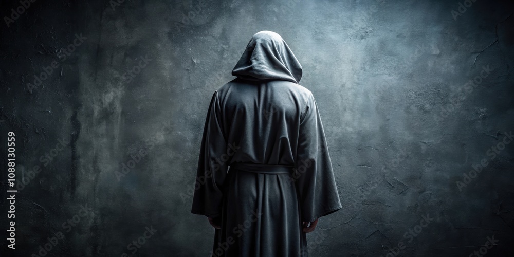 Naklejka premium Medieval criminal in dark robes standing with back to camera, Medieval, criminal, thief, dark, robes, sinister