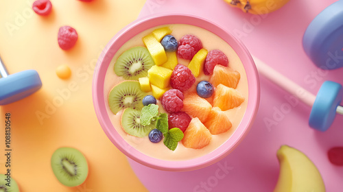 Healthy Smoothie Bowl with Fresh Fruit and Fitness Equipment