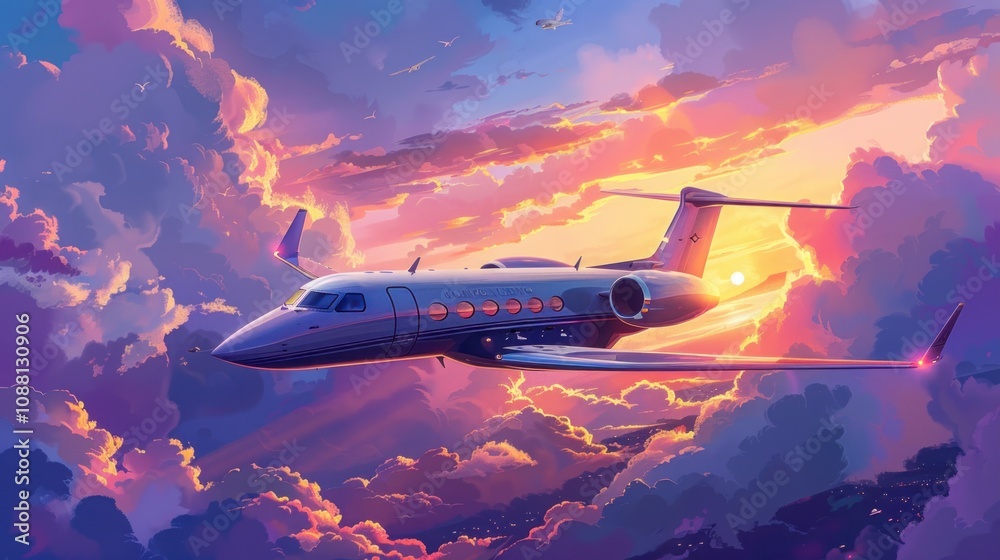A private jet flies through a vibrant sunset sky, with clouds creating a dramatic backdrop. A private jet flies through a vibrant sunset sky, with clouds creating a dramatic backdrop.