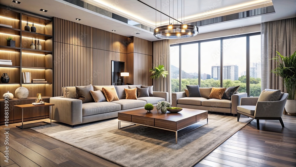 Fototapeta premium Sleek and sophisticated modern living room with minimalist design and elegant furniture, modern, living room