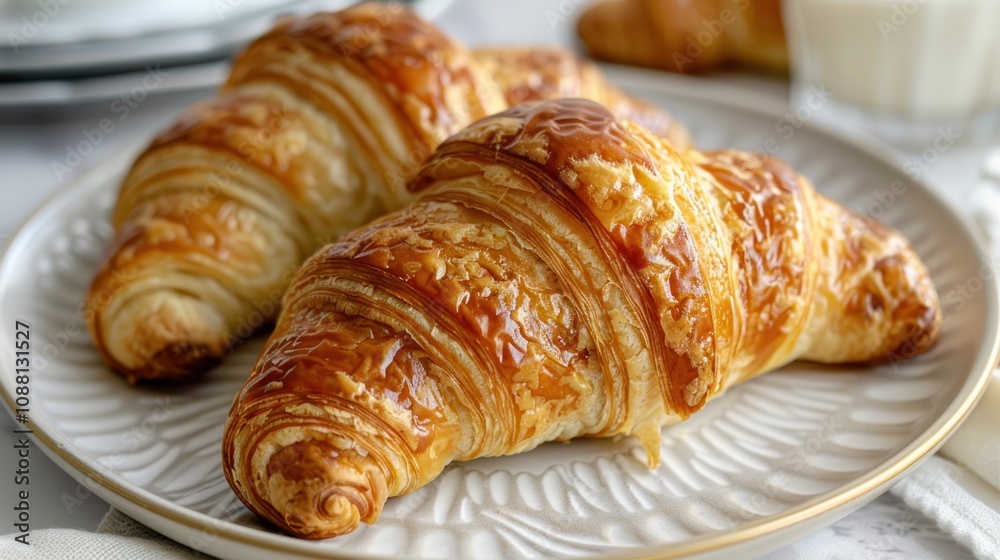 Two golden brown croissants on a white plate with a glass of milk in the background. Two golden brown croissants on a white plate with a glass of milk in the background.