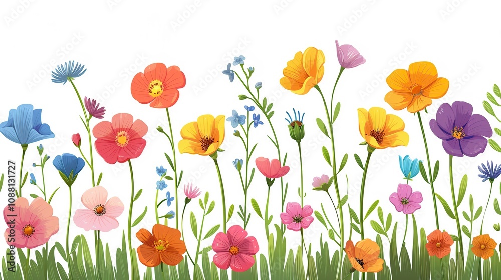 Charming Cartoon Illustration of Half-Colorful Flowers on Clean White Surface Charming Cartoon Illustration of Half-Colorful Flowers on Clean White Surface