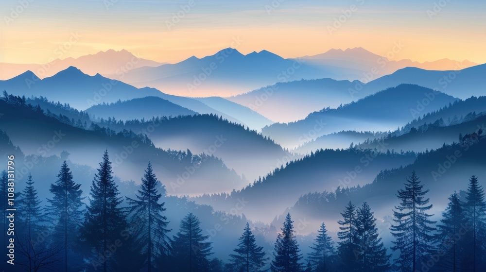 Obraz premium A misty sunrise over a mountain range with trees in the foreground.
