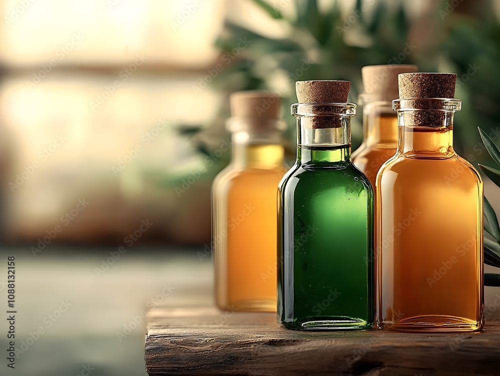Shimmering Bottles of Fragrant Olive Oil and Vinegar on Rustic Wooden Table Shimmering Bottles of Fragrant Olive Oil and Vinegar on Rustic Wooden Table