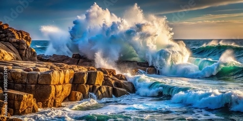 Sea ocean wave crashing over rugged rocky stones, sea, ocean, wave, water, splash, nature, outdoor, rocks, stones, coastline, power