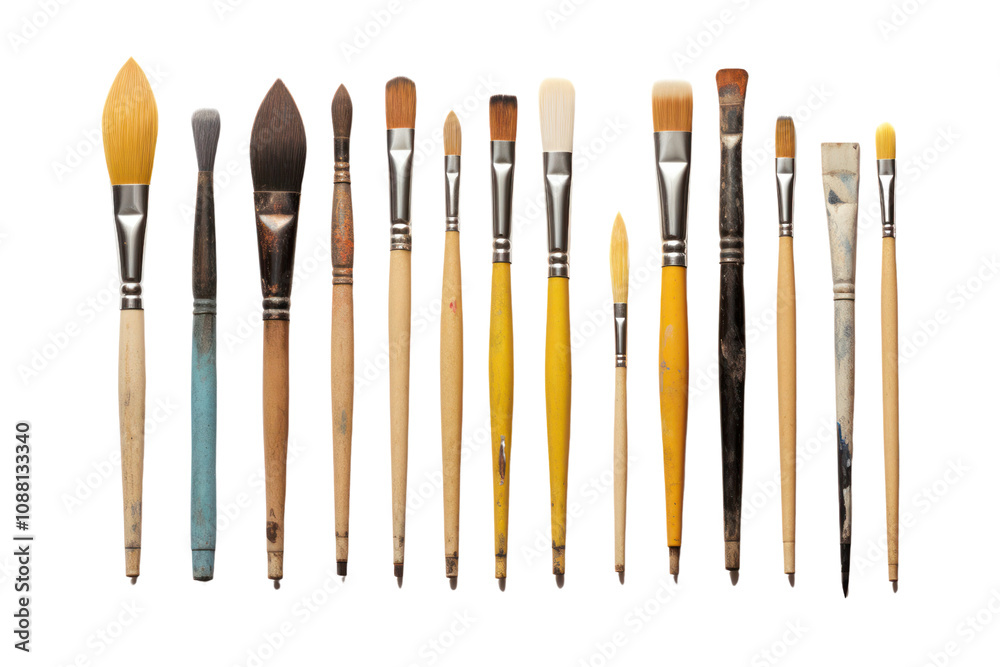 Fototapeta premium A set of assorted artist's paintbrushes arranged neatly on a white surface, featuring various shapes and sizes including flat, round, isolate on a white background.