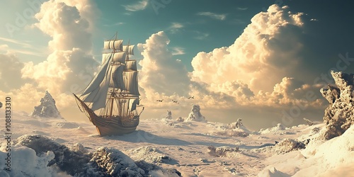 Sailing Ship in Fantasy Landscape photo