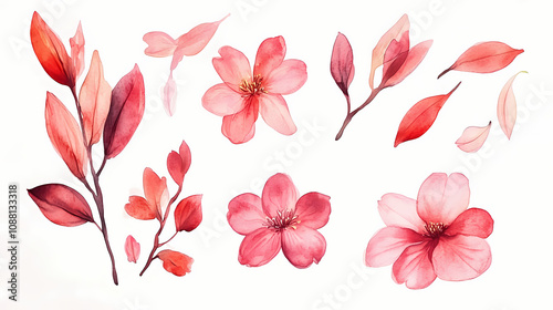 Beautiful watercolor illustration of sakura cherry blossom clip art elements delicate pink flower branches and petals floral design. Delicate Flower Petals. Illustration