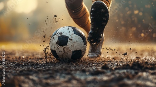 Dynamic Action Shot of Soccer Player Kicking Ball in Muddy Field