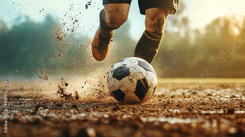 Dynamic Soccer Action: A Player Kicking a Ball on a Muddy Field at Sunset