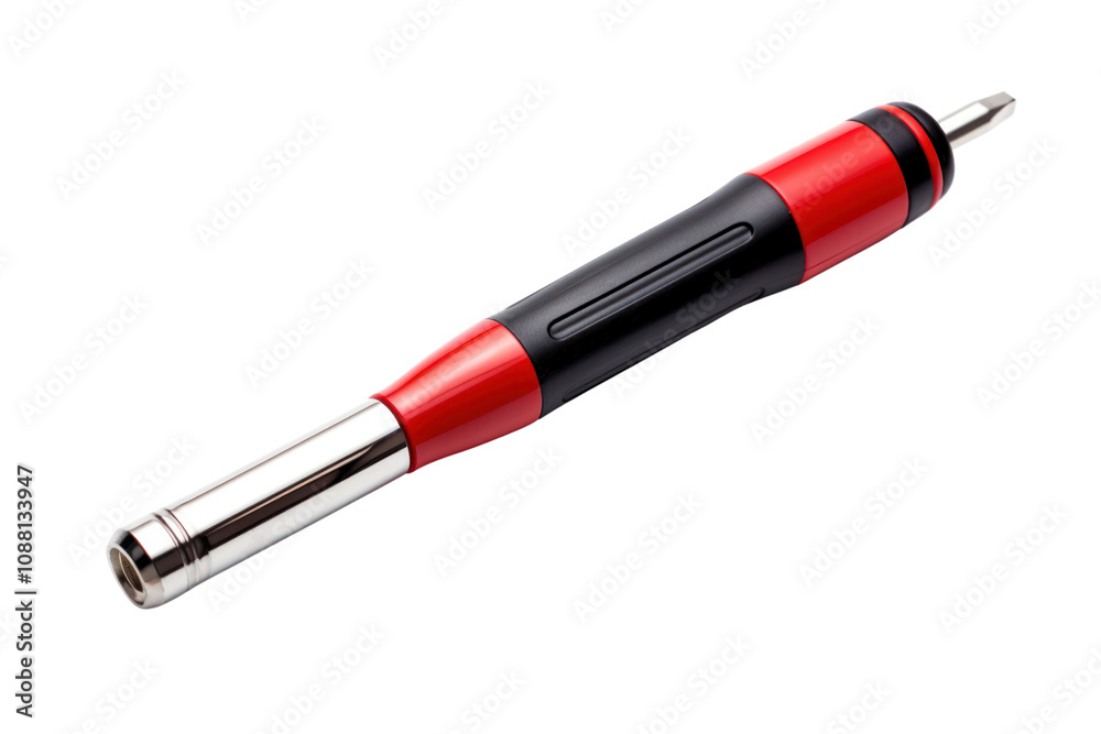 A screwdriver with a rubber grip handle and chrome-plated shaft displayed vertically isolated on white background A screwdriver with a rubber grip handle and chrome-plated shaft displayed vertically isolated on white background