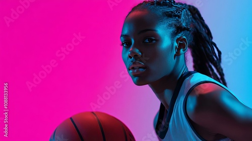 Vibrant Portrait of a Female Basketball Player in Dynamic Action photo