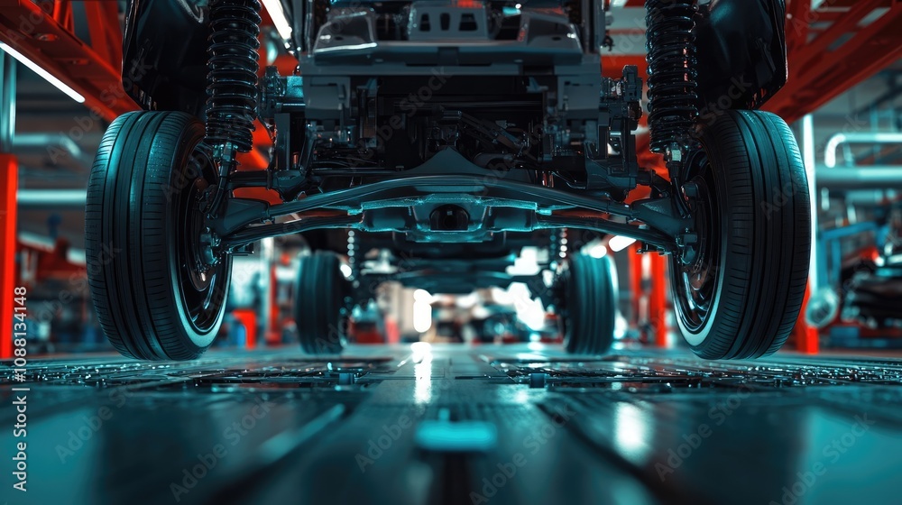 Obraz premium Car on Lift at Automotive Service Center Showing Underbody and Axles, Mechanic Repair Shop Concept