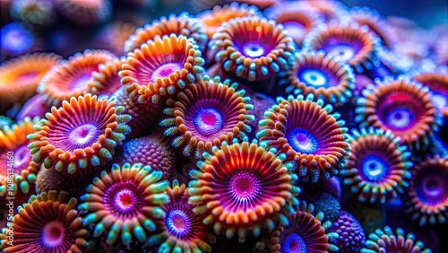 Close-up view of a vibrant coral polyp microcosm in a marine aquarium setting, coral, polyp, marine, ocean, underwater