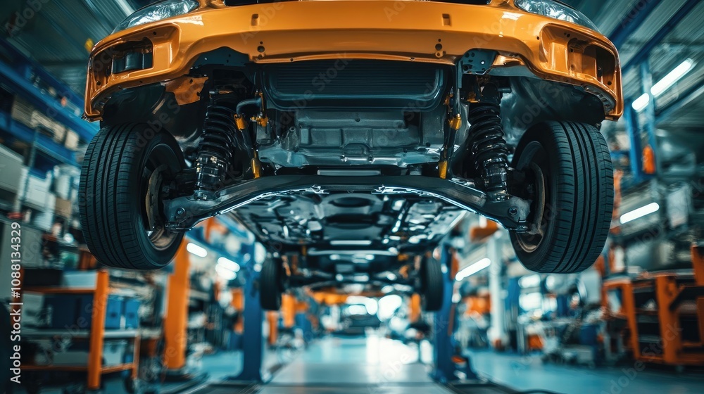 Car on Lift at Automotive Service Center Showing Underbody and Axles, Mechanic Repair Shop Concept Car on Lift at Automotive Service Center Showing Underbody and Axles, Mechanic Repair Shop Concept