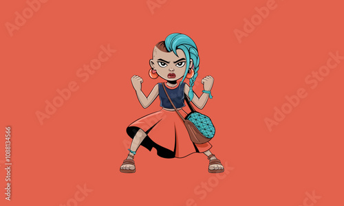 Fierce girl with blue hair and bold stance cartoon