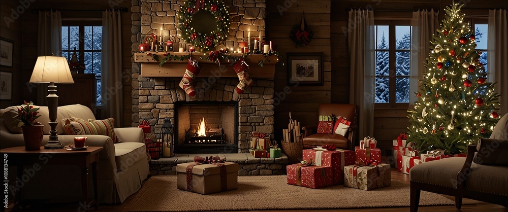 Cozy Christmas Cabin: A rustic living room, adorned with festive decor, evokes a warm and inviting atmosphere. The fireplace glows with flickering flames. Cozy Christmas Cabin: A rustic living room, adorned with festive decor, evokes a warm and inviting atmosphere. The fireplace glows with flickering flames.