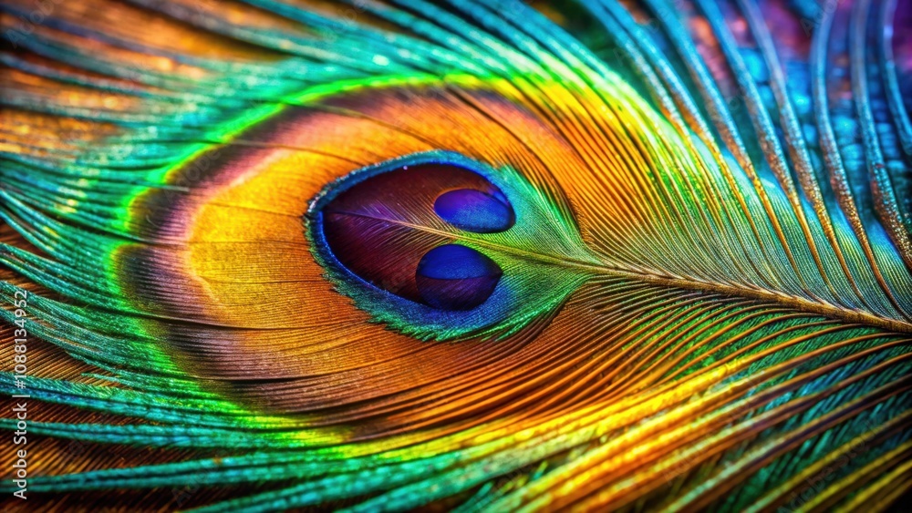 Naklejka premium Closeup of vibrant peacock feather with intricate patterns and iridescent colors, peacock, feather, closeup, vibrant