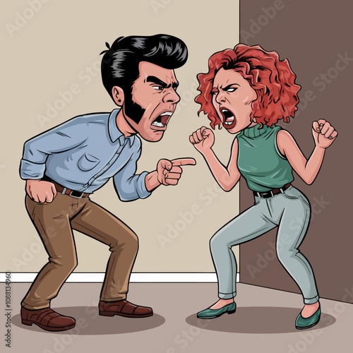 Angry couple arguing, intense cartoon illustration