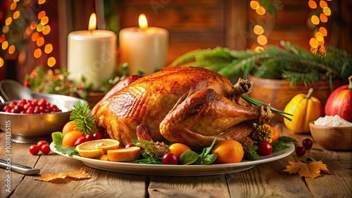 Delicious roasted turkey on a Thanksgiving table , Thanksgiving, holiday meal, dinner, feast, poultry, juicy