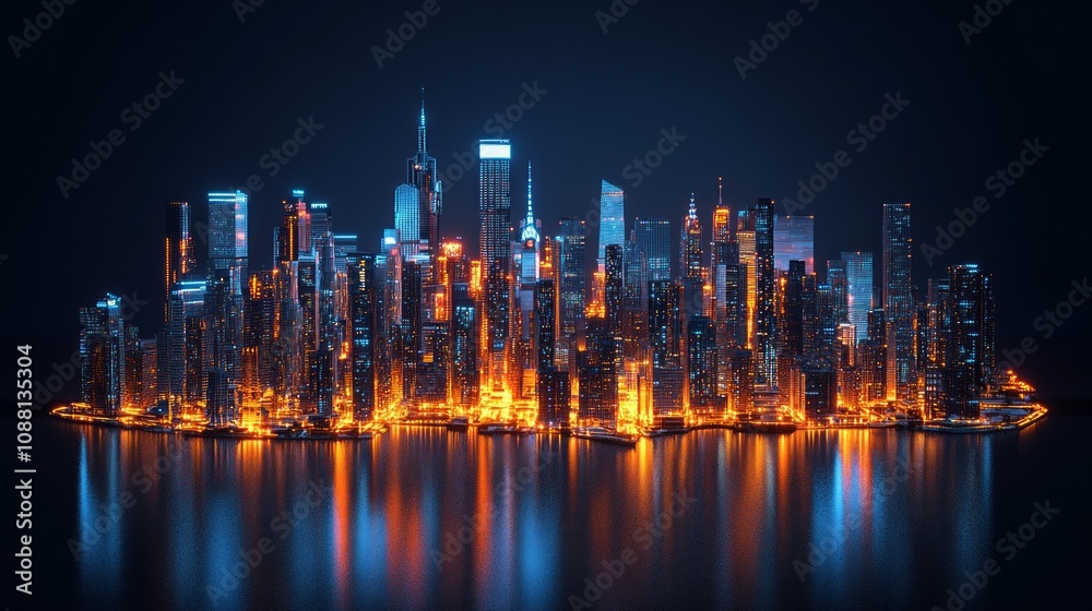 Night cityscape, vibrant skyline reflecting on calm water, illuminated skyscrapers. Night cityscape, vibrant skyline reflecting on calm water, illuminated skyscrapers.