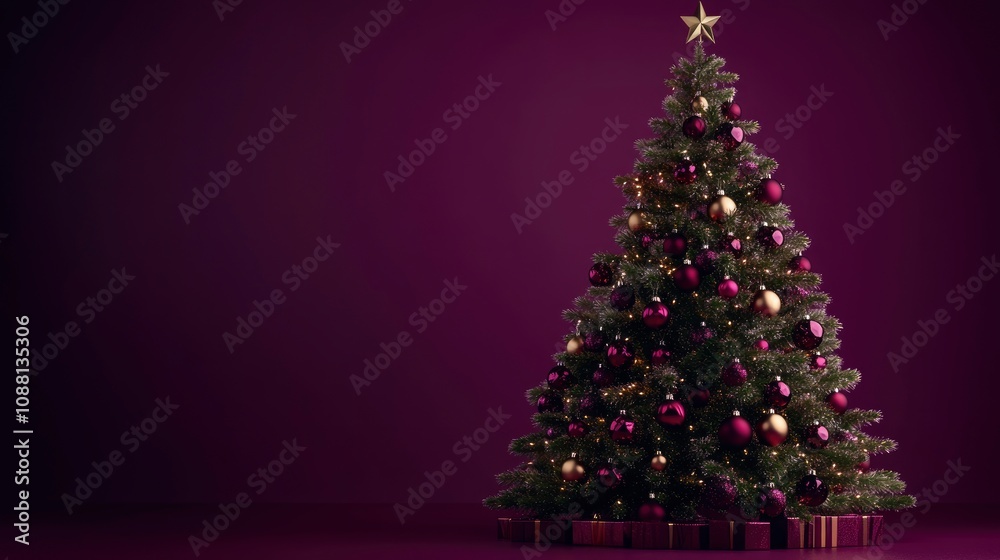 Regal Christmas tree decorated with luxurious gold and deep red baubles, glowing elegantly against a rich purple backdrop.