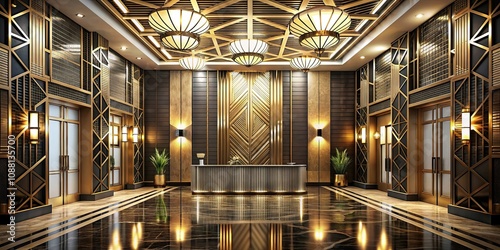 Geometric art deco lobby with metallic finishes and glamorous 1920s style, Art Deco, Hotel Lobby photo