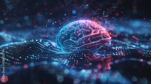 Glowing digital brain made of particles and connected by lines floating on blue and pink digital waves representing artificial intelligence, machine learning, and future technology