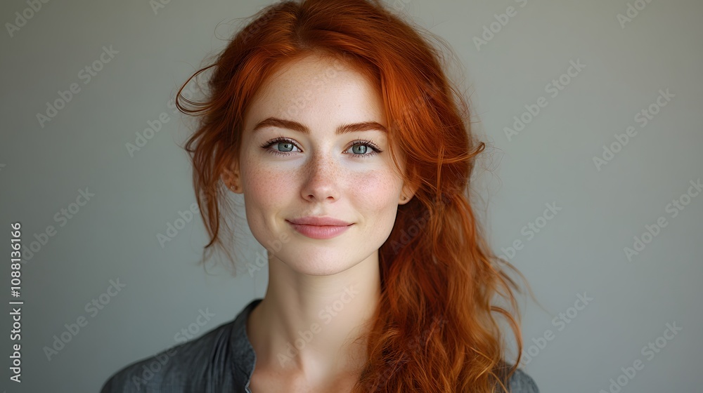 Smiling young woman with freckled skin and vibrant red hair. Smiling young woman with freckled skin and vibrant red hair.