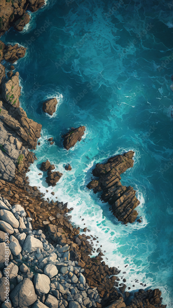 Obraz premium Generated digital illustration of a rocky cliff coastline with ocean waves.