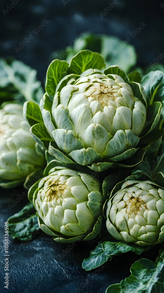 Fototapeta premium Fresh green artichokes gathered on a dark surface.